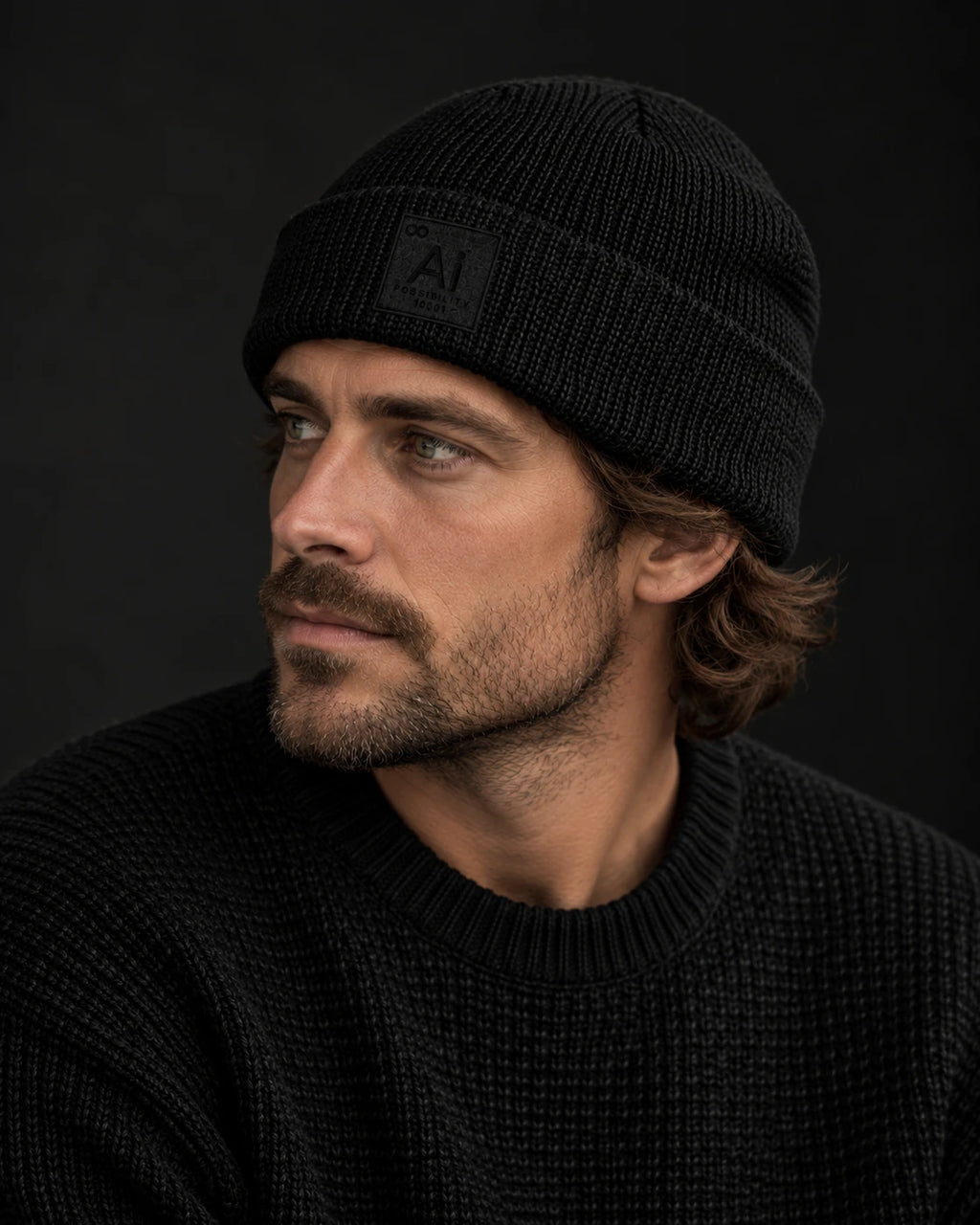 Man wearing the Possibility Beanie in black, cuffed, dark studio