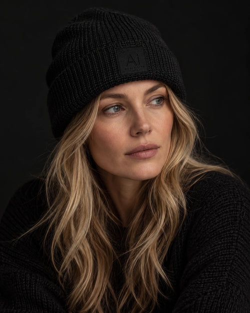 Woman wearing the Possibility Beanie in black with the embroidered Ai element tile on the cuff, dark studio