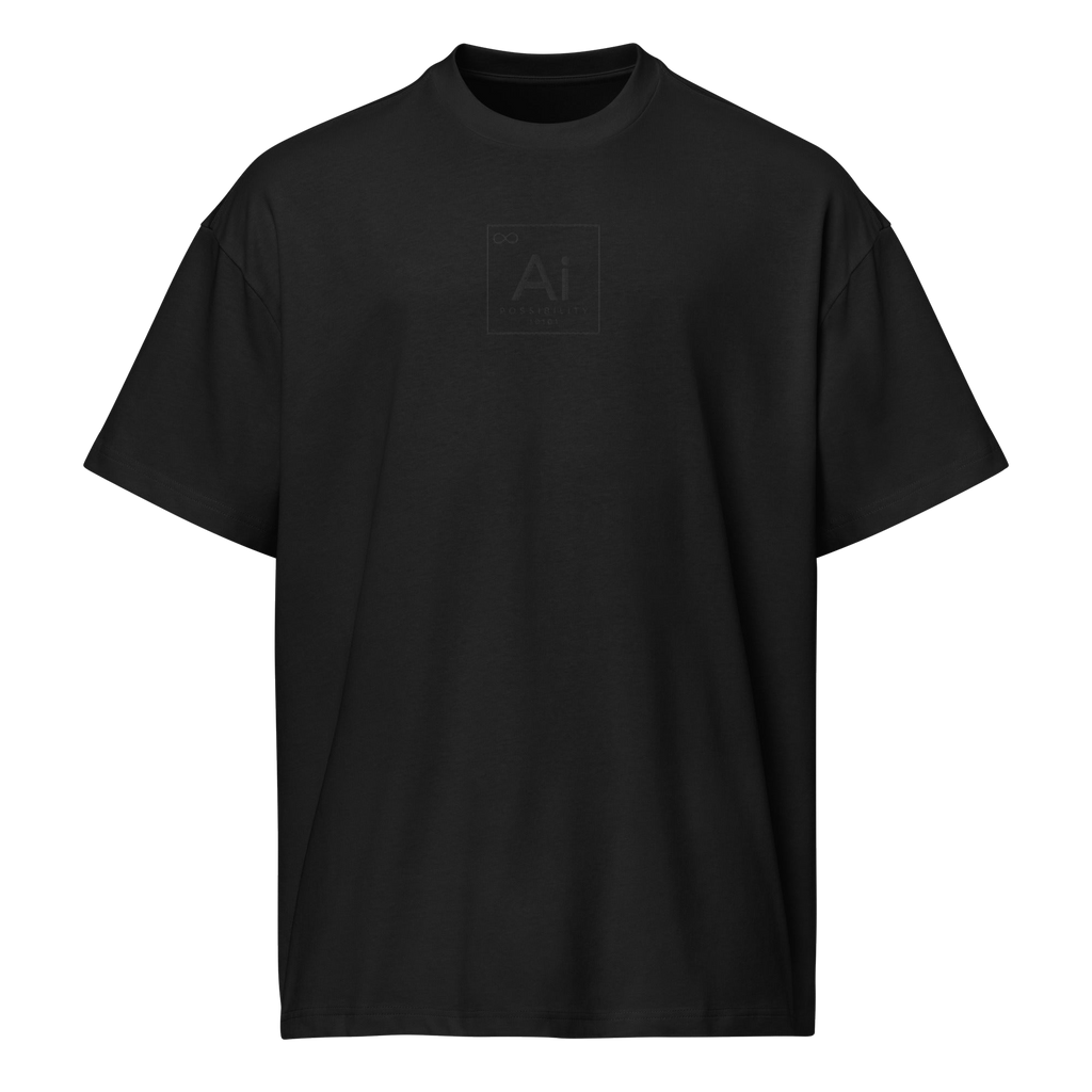 The Possibility Box Tee in black, front view with the tone-on-tone Ai element tile