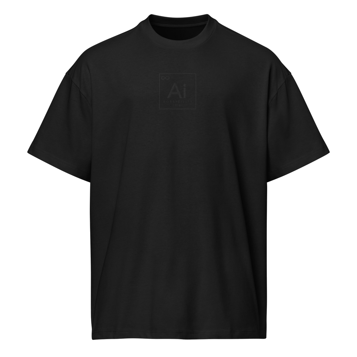 The Possibility Box Tee in black, front view with the tone-on-tone Ai element tile