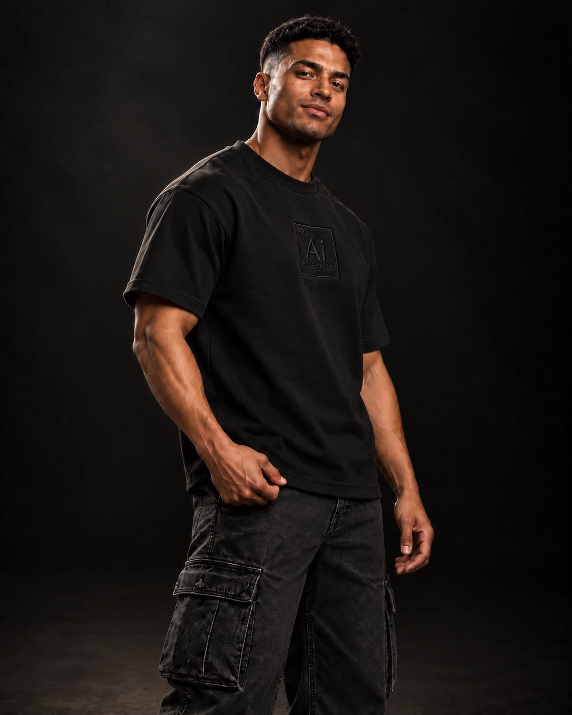 Model in the Possibility Box Tee, angled view showing the oversized boxy fit, dark studio