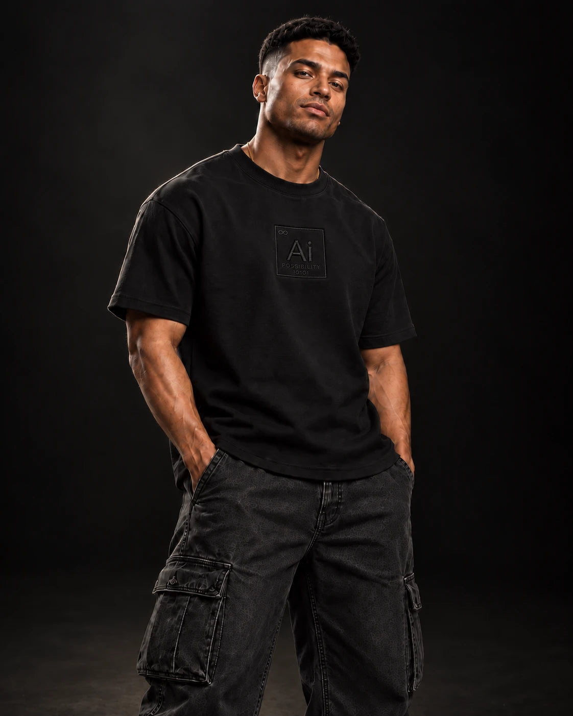 Model wearing the Possibility Box Tee in black with cargo pants, dark studio