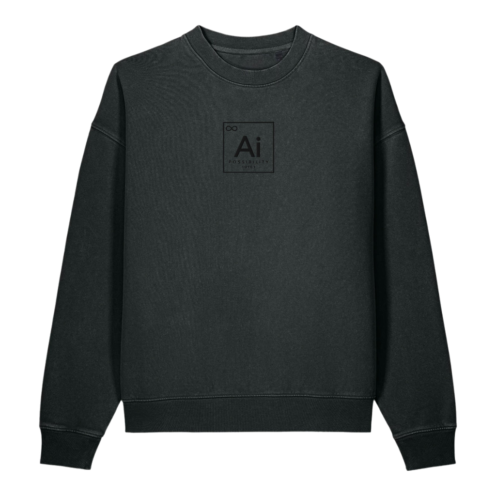 The Possibility Crewneck in washed black, front view with the tone-on-tone Ai element tile