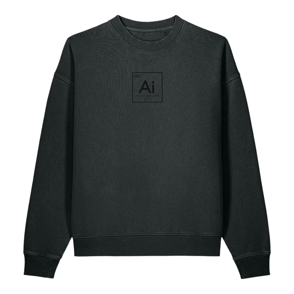 The Possibility Crewneck in washed black, front view with the tone-on-tone Ai element tile