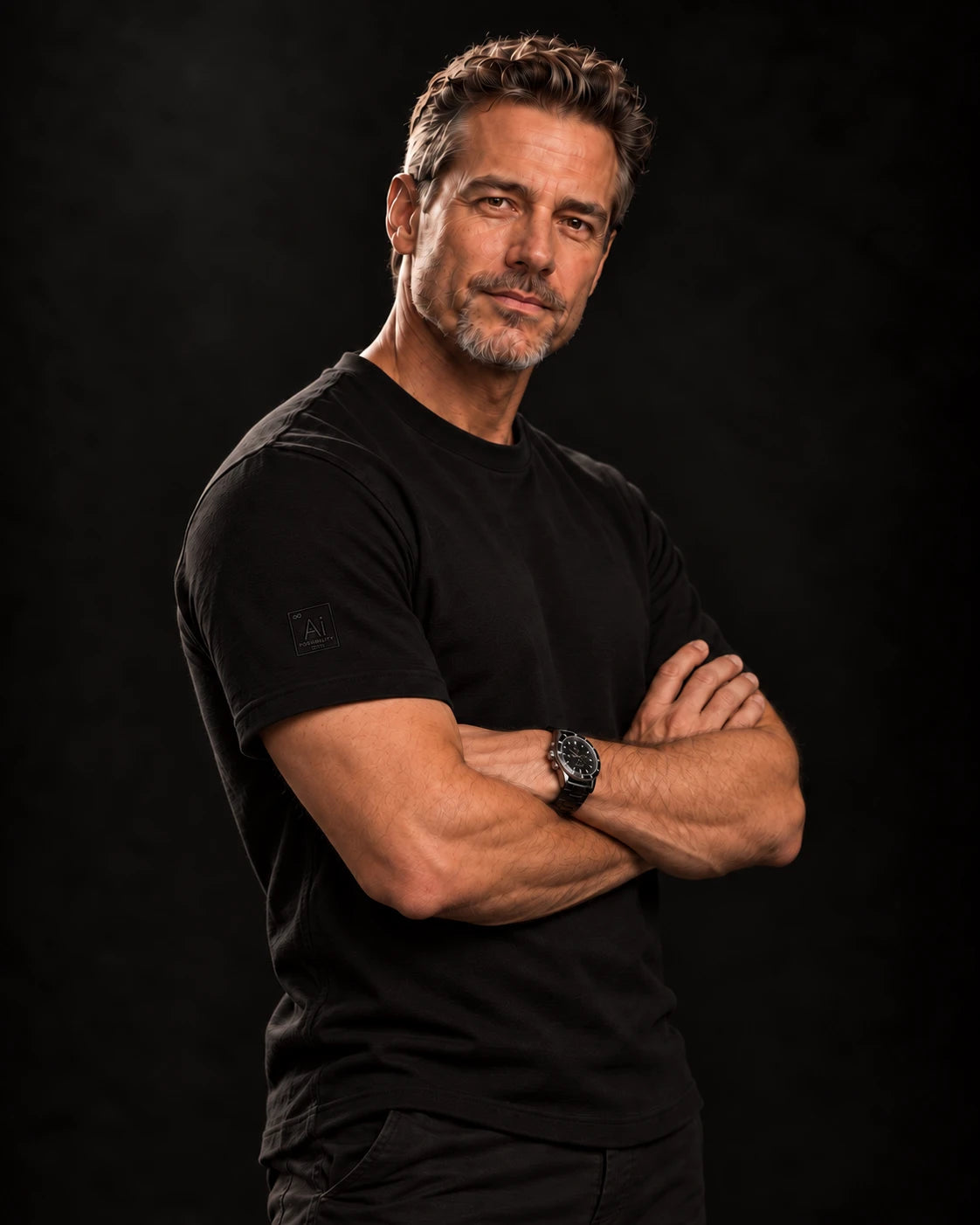 Model in the Possibility Fitted Tee with arms crossed, showing the fitted cut, dark studio