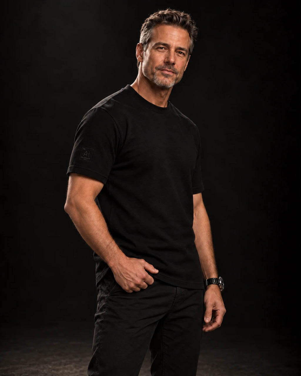 Model wearing the Possibility Fitted Tee in black with the Ai element tile on the right sleeve, dark studio