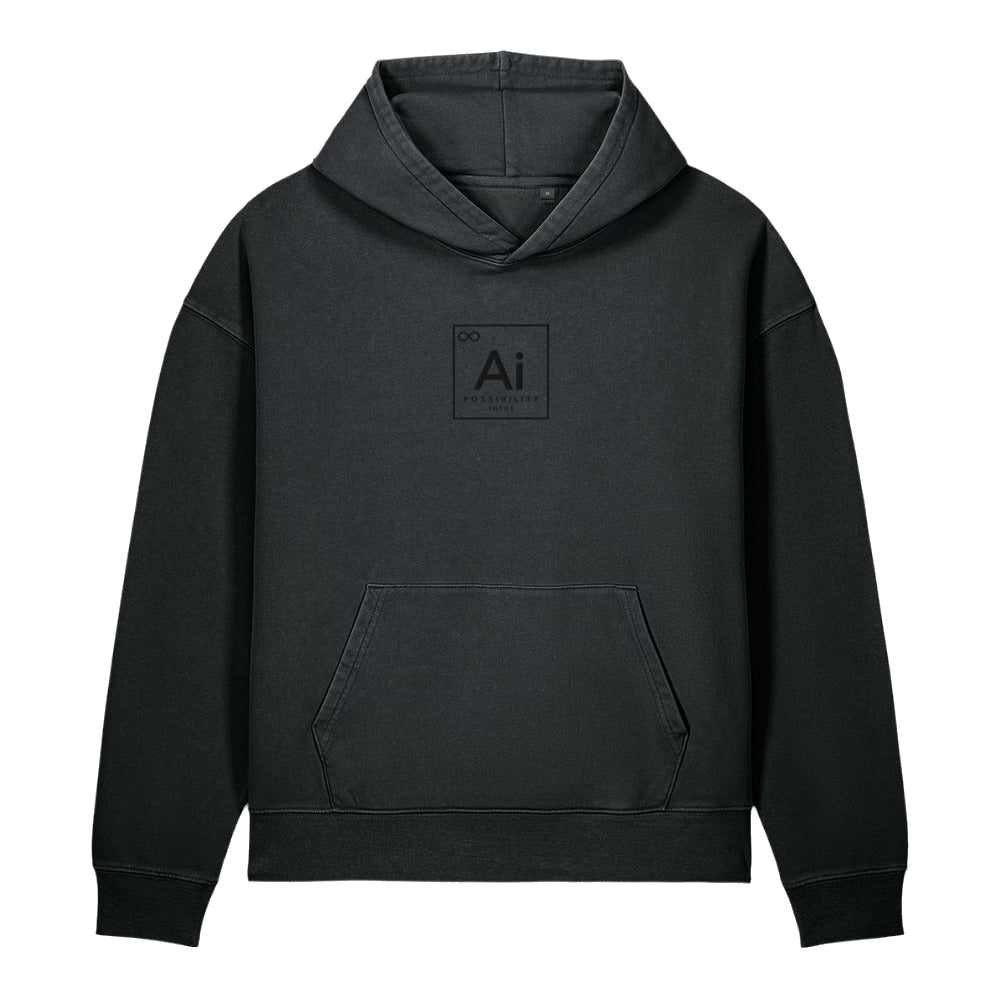 The Possibility Hoodie in washed black, front view with the tone-on-tone Ai element tile