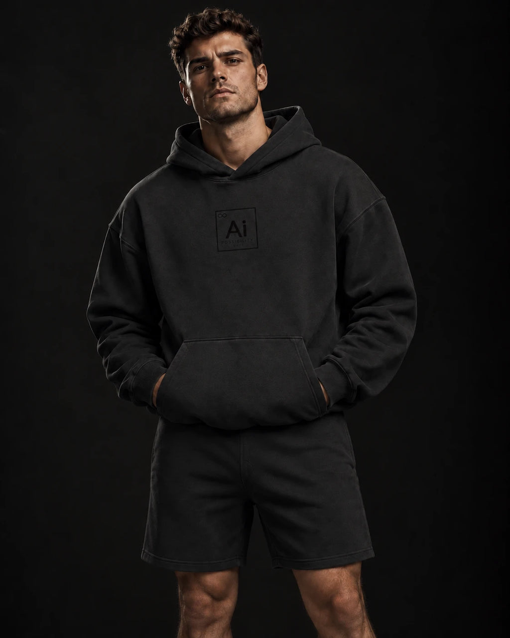 Model wearing the Ai + You Possibility Hoodie with matching shorts against a dark studio backdrop