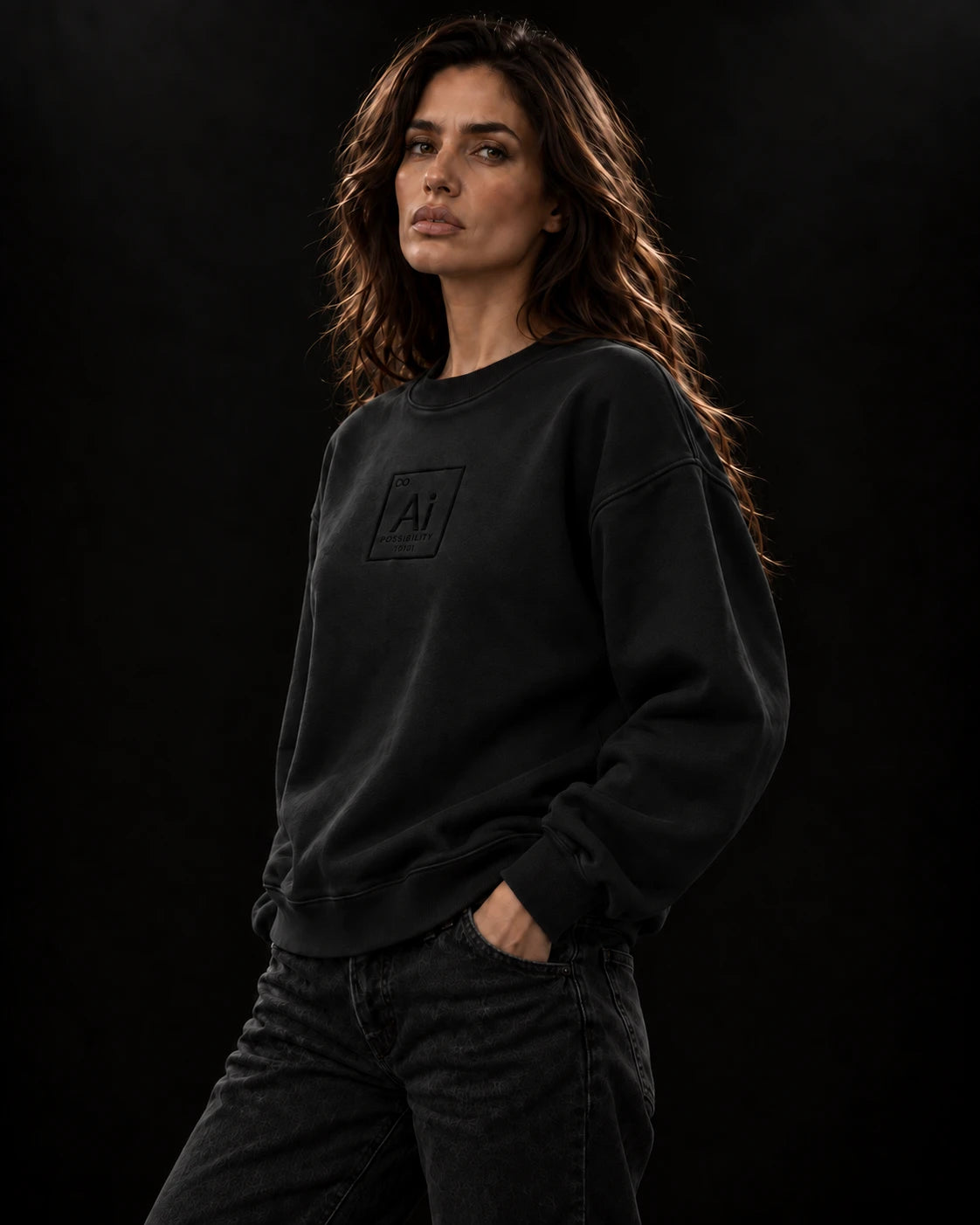 Model in the Possibility Crewneck, hand in pocket, dark studio