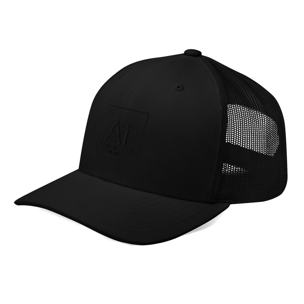 The Possibility Trucker Hat in black, angled view showing the mesh back