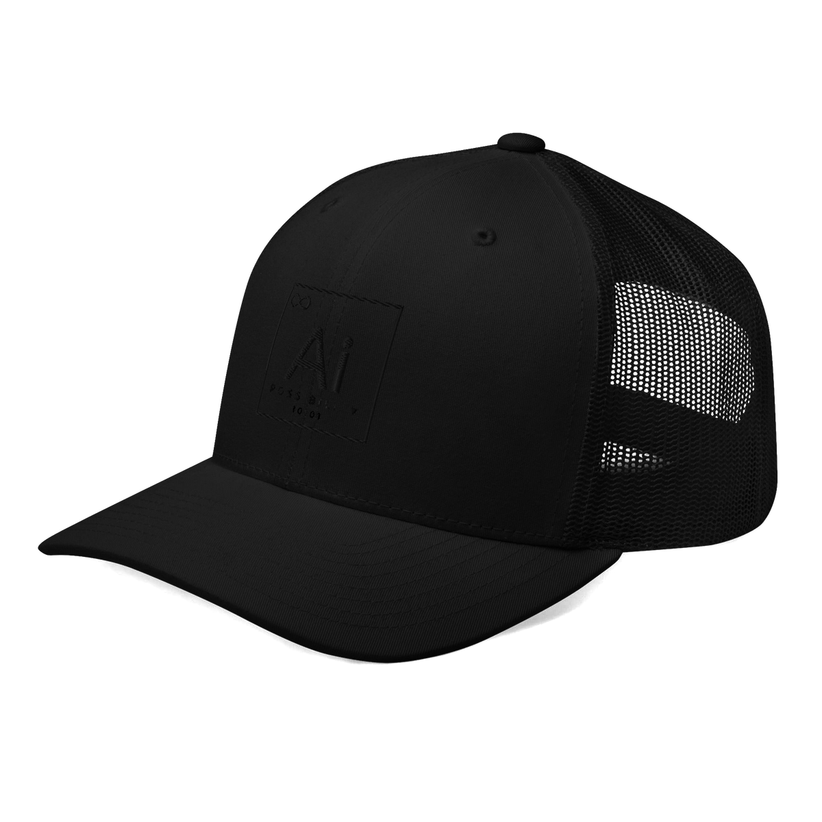 The Possibility Trucker Hat in black, angled view showing the mesh back