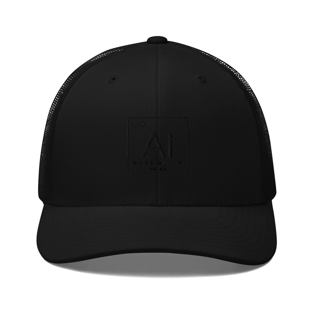 The Possibility Trucker Hat in black, front view with the tone-on-tone embroidered Ai element tile