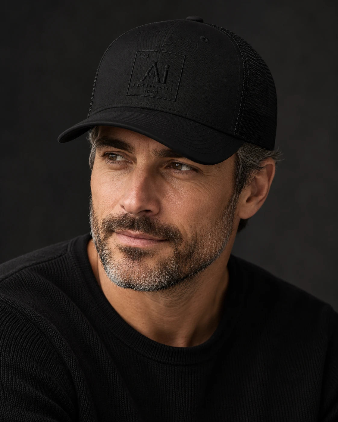Man wearing the Possibility Trucker Hat in black, embroidered Ai element tile on the front panel, dark studio