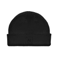 The Possibility Beanie in black ribbed knit with the tone-on-tone embroidered Ai element tile on the cuff