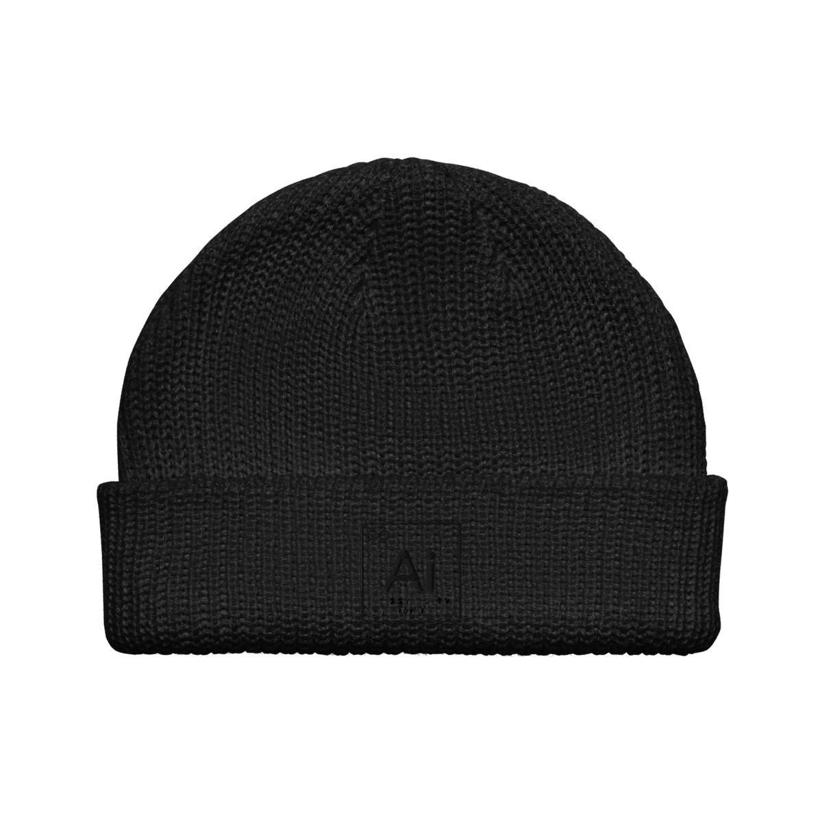The Possibility Beanie in black ribbed knit with the tone-on-tone embroidered Ai element tile on the cuff